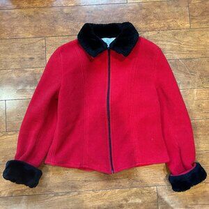 Suttles & Seawinds Red fleece Jacket Faux Fur Collar & Cuffs Vintage Canada S/P